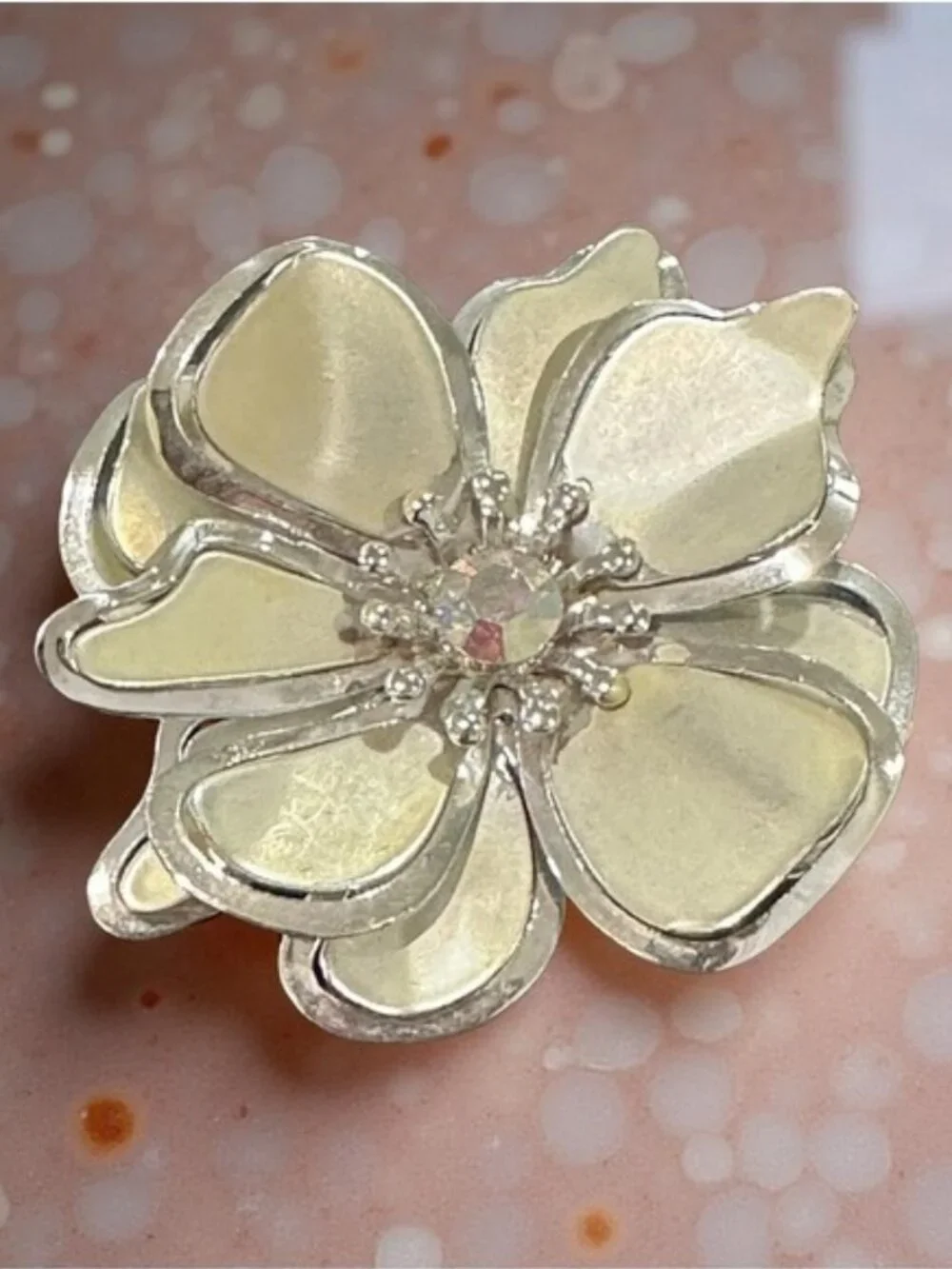 Vintage Brooch Flower Shaped AB Crystal Center Gold Silver Tone Costume Jewelry
